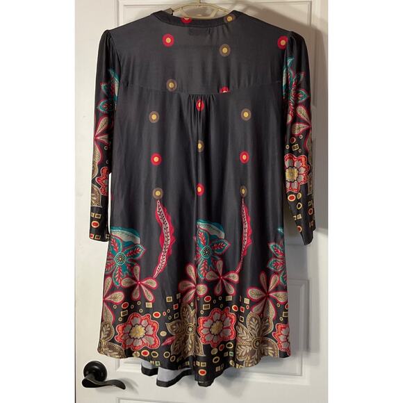 R&B Multi Color 3/4 Sleeve Boho Floral Resort Artsy Pockets Tunic Dress XL - Picture 4 of 8